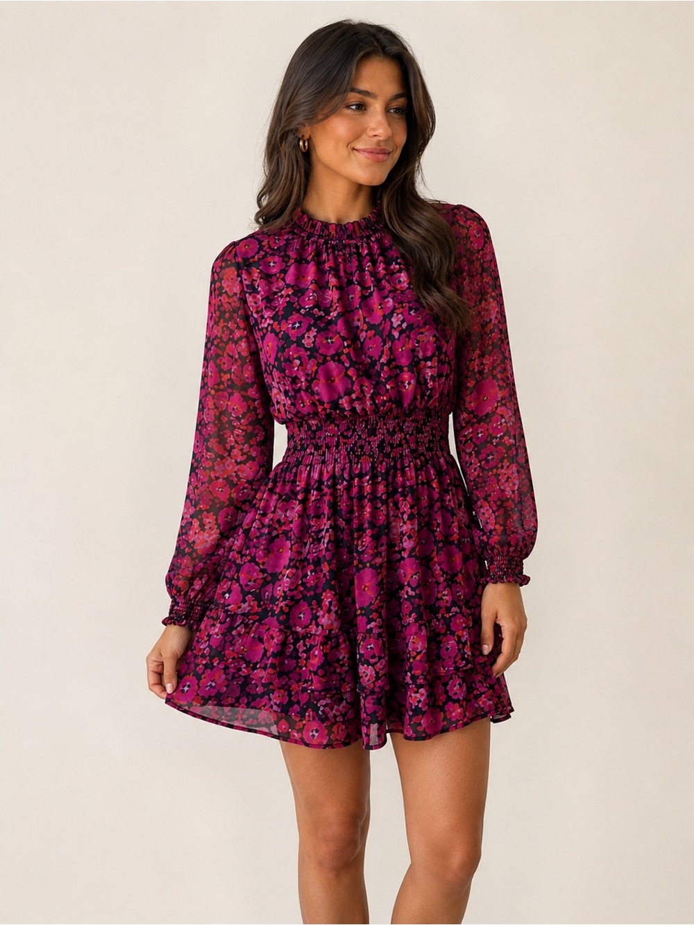 Steve Madden Pink and Black Floral Long-Sleeve Mini Dress